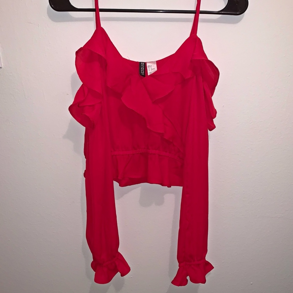 H&M Divided Red Open Shoulder Ruffle Blouse - Picture 3 of 5